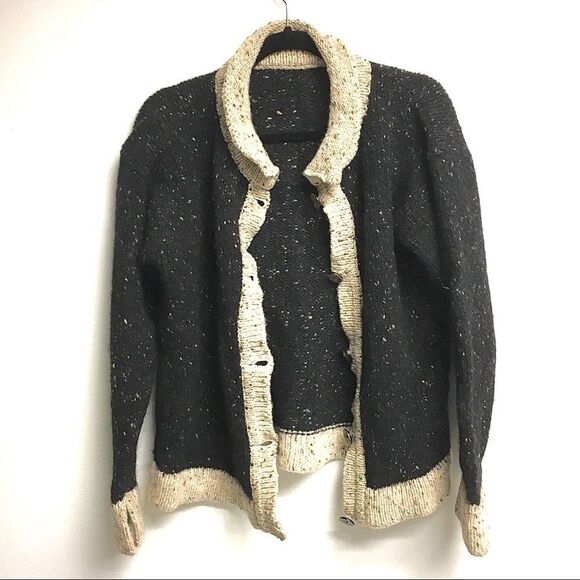 WOOL Ireland Donegal Chunky Knit Button Front Cardigan Sweater Black L - Picture 3 of 8